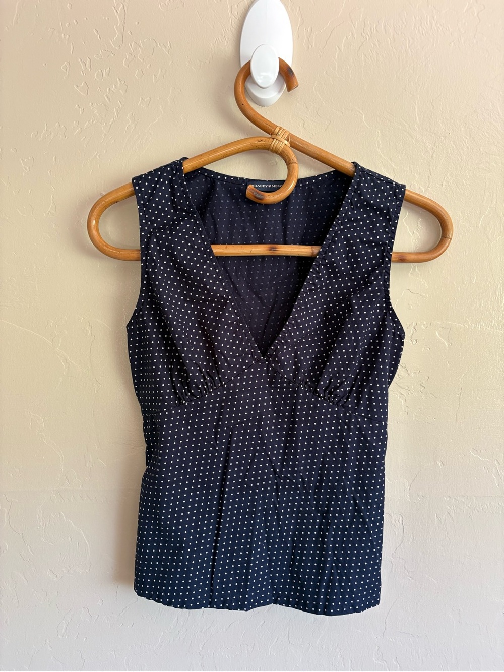 Brandy Melville Navy Blue Polka Dot V Neck Cotton Blend Tie Back Tank Top